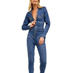 Free People zip-up, denim mechanic jumpsuit
